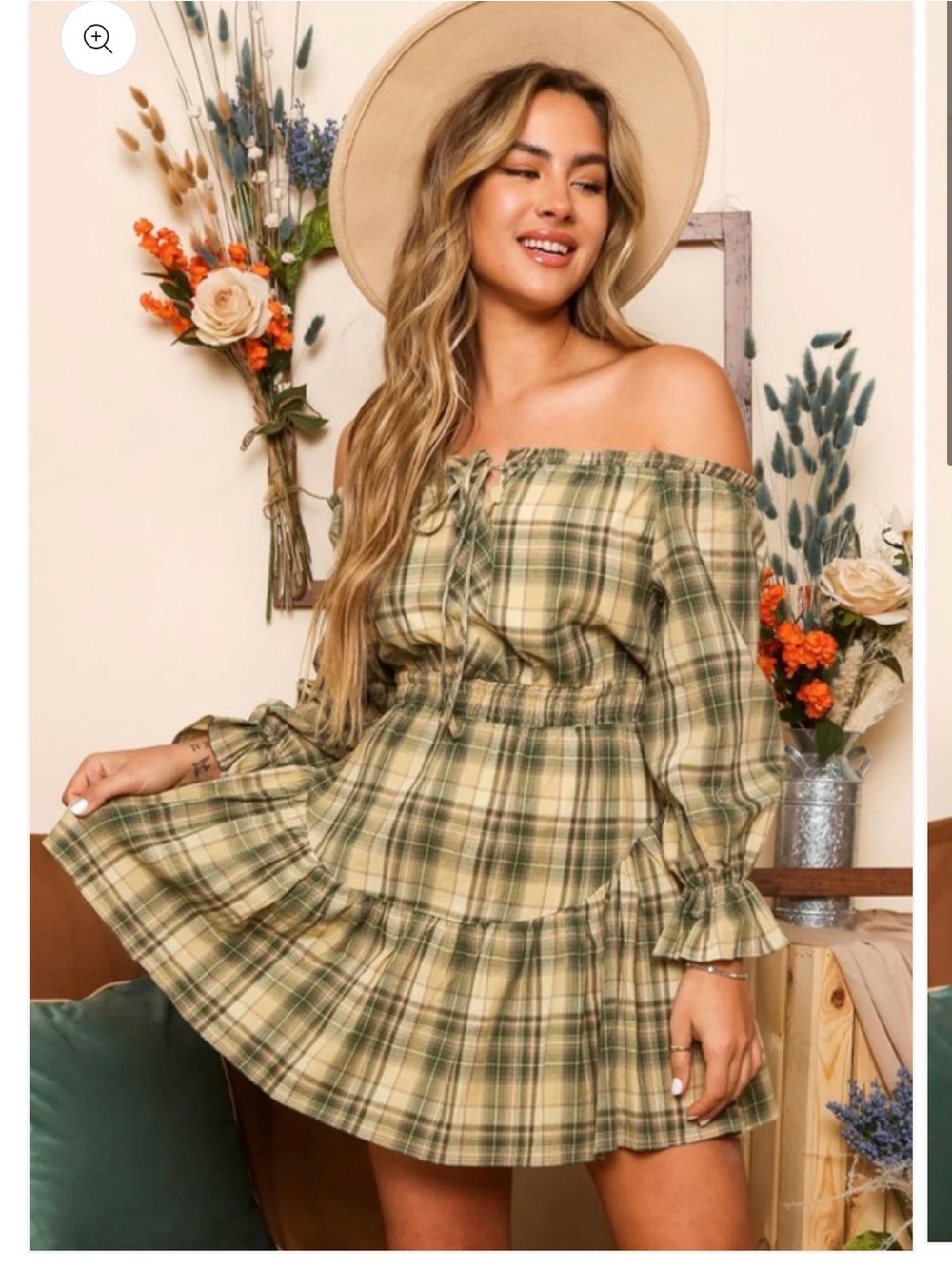 Off-Shoulder Green Plaid Ruffle Tiered Dress western cowgirl